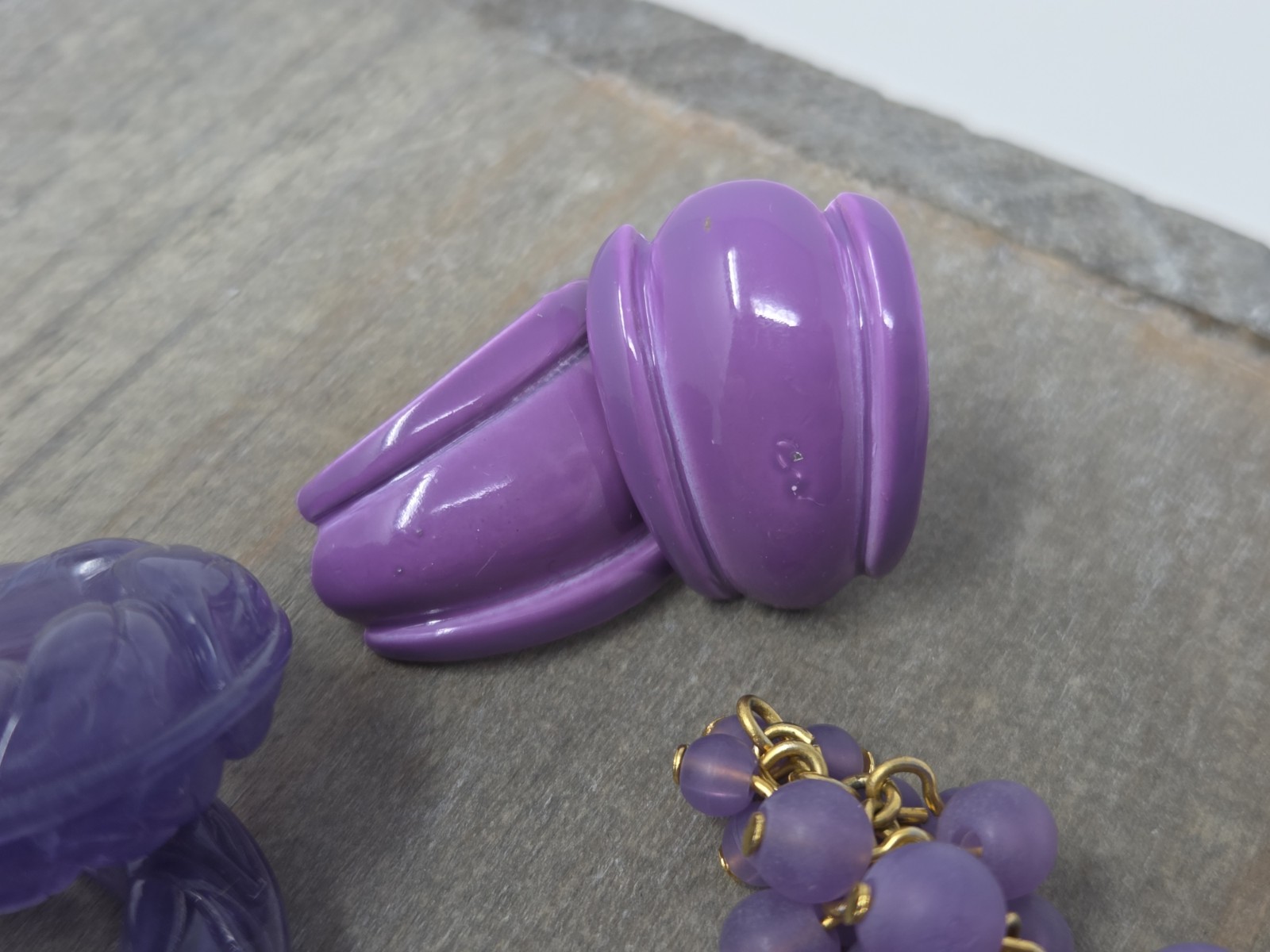 Three Pairs Purple Vintage Clip-on Earrings Grapes Bunch Dangles Hoops Enamel