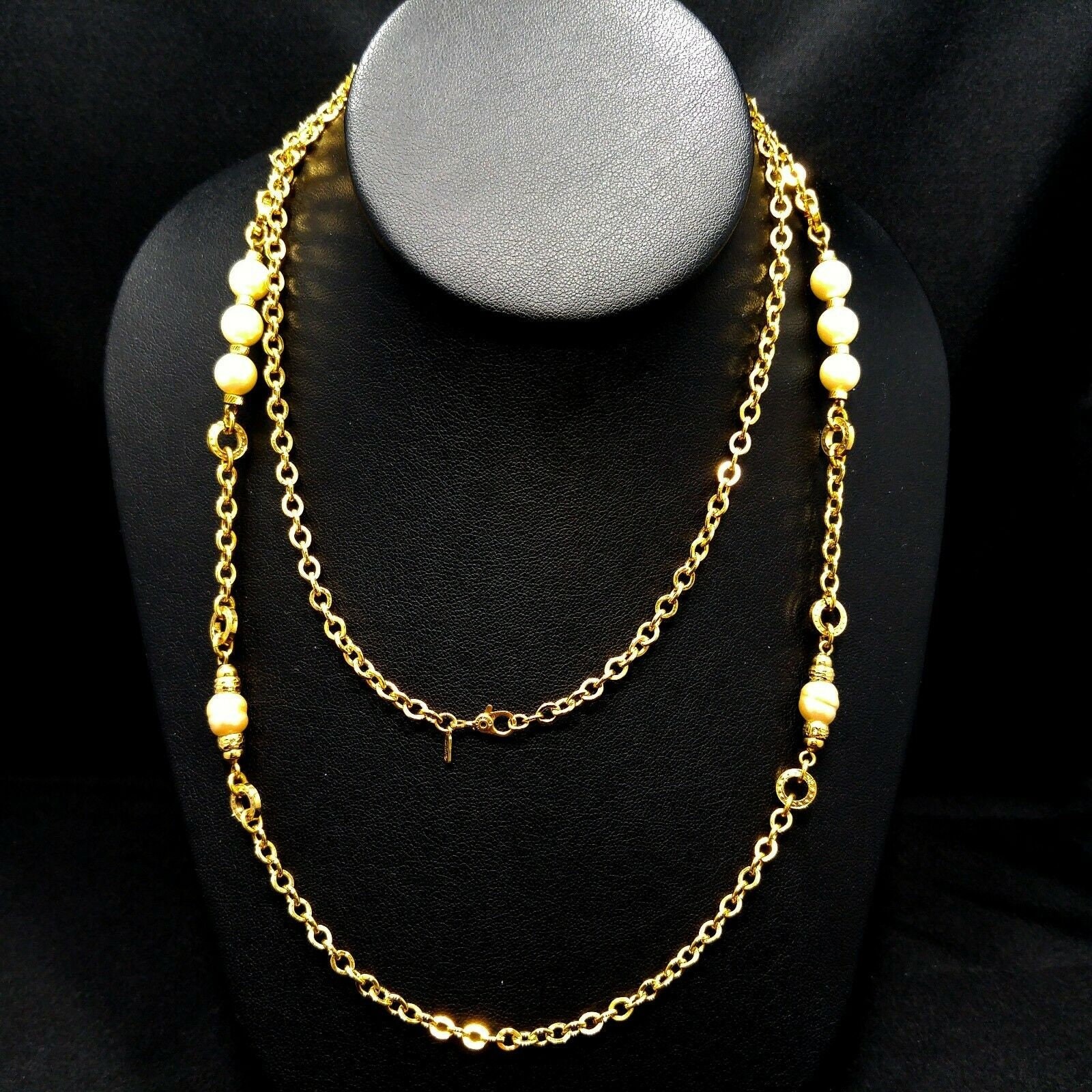 Vintage Monet Long Gold Chain Necklace Faux Pearls 1970s Sister Clasp 36″