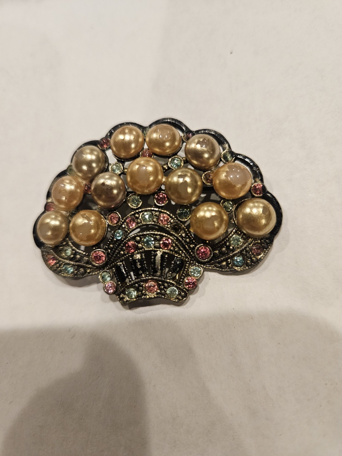 Vintage New England Glass Works Pearl Tree Brooch With Pink & Green Crystals