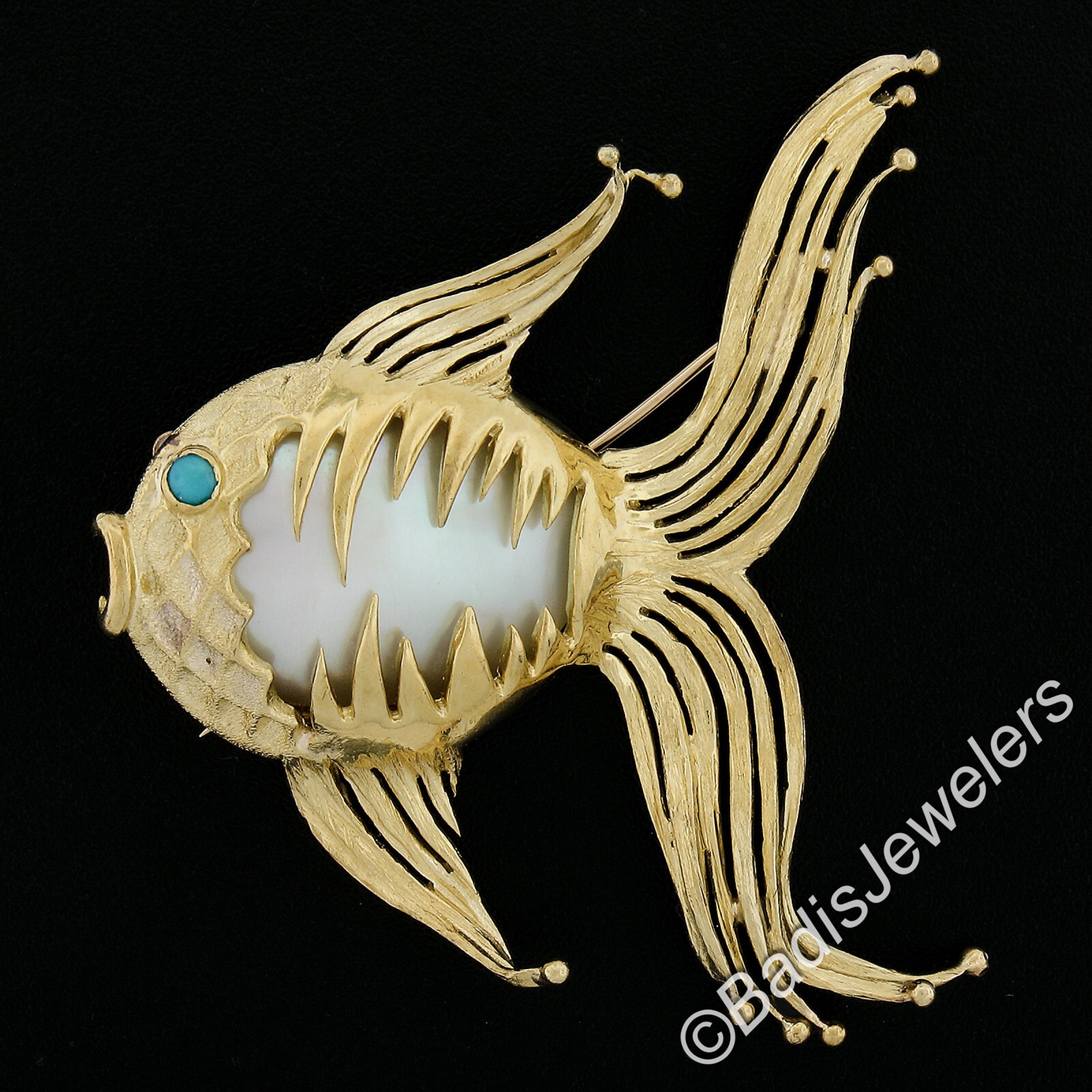 Gold Mabe Pearl & Turquoise Free Form Textured Detailed Fish Pin Brooch