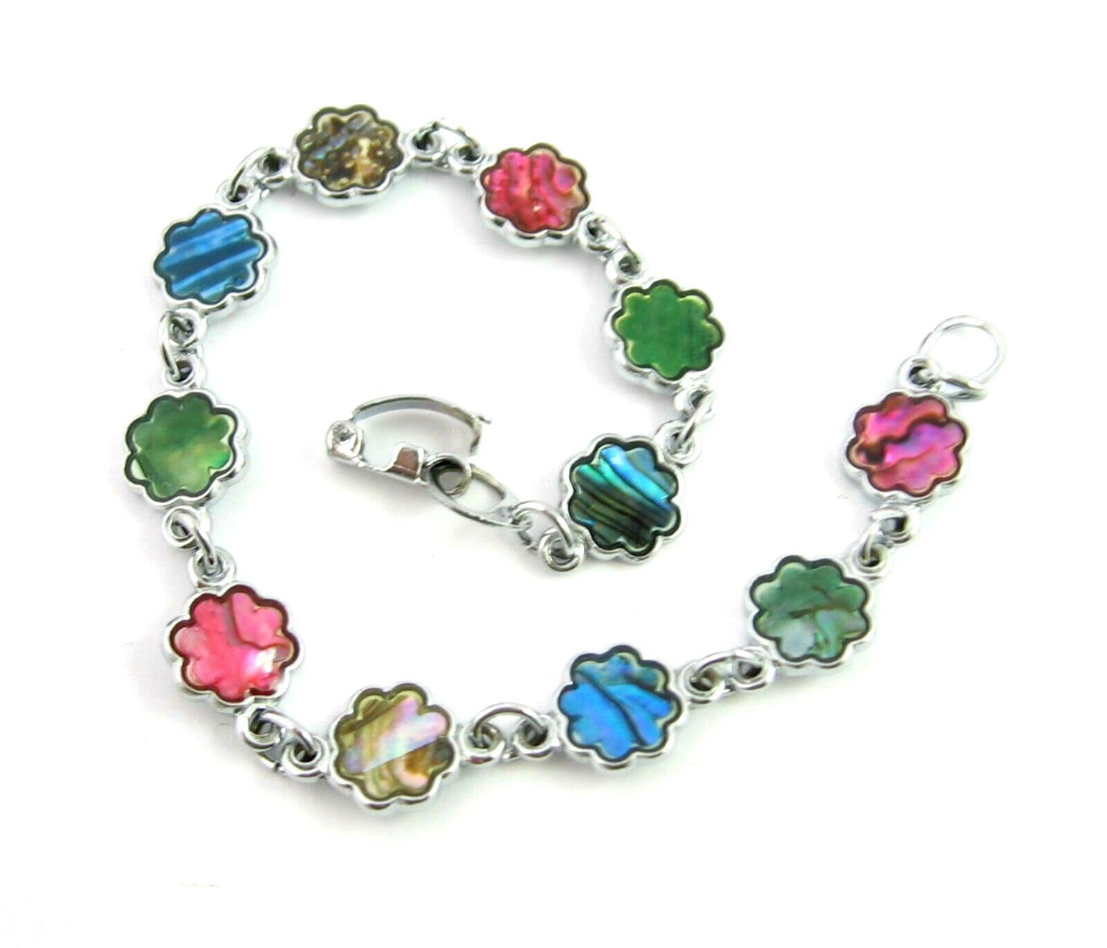 PAUA SHELL BRACELET Vintage Abalone Flower Blooms Pink Blue Silvertone 7.25″