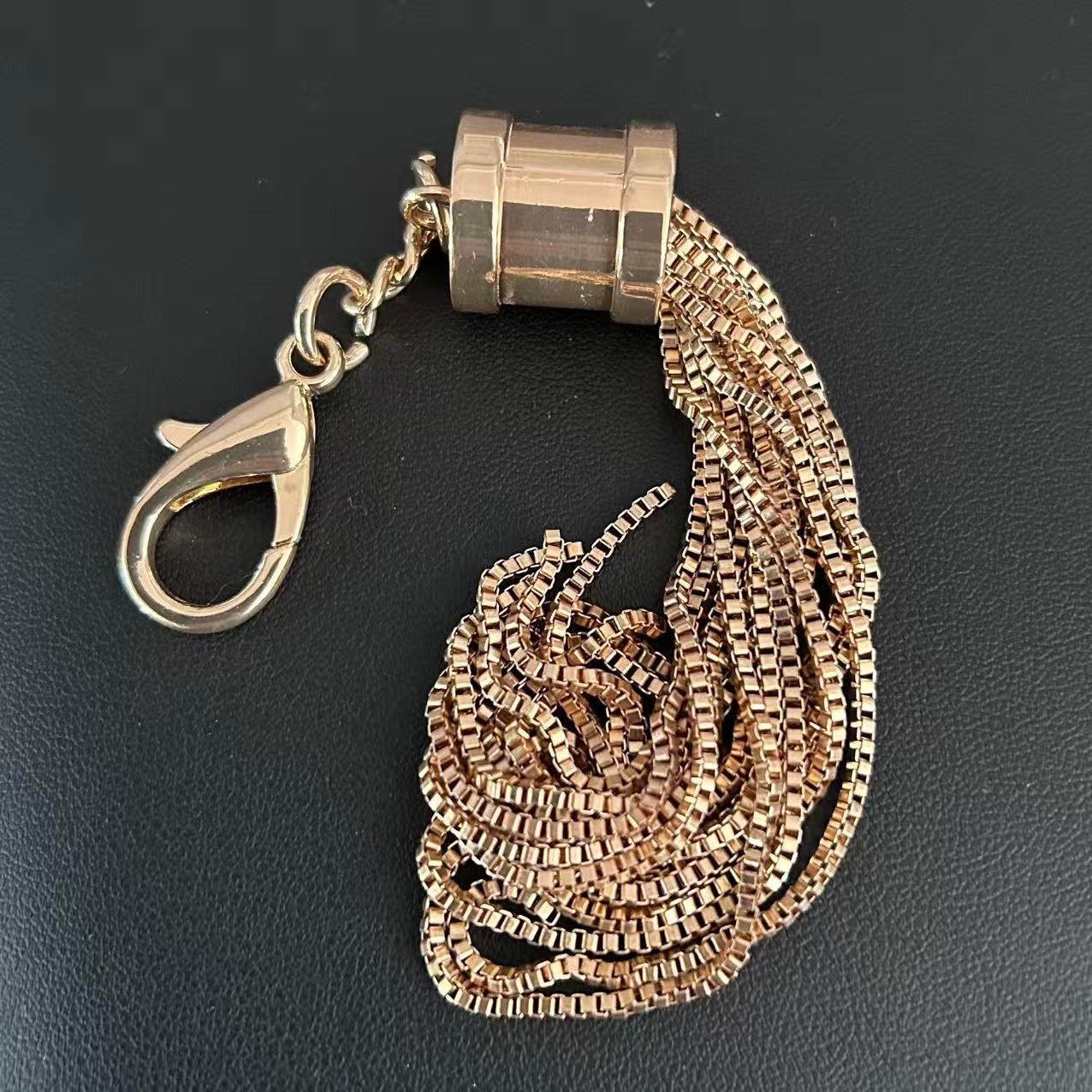 Vintage Gold Tone Box Chain Tassel Charm Pendant Purse Keychain Art Deco 1980s