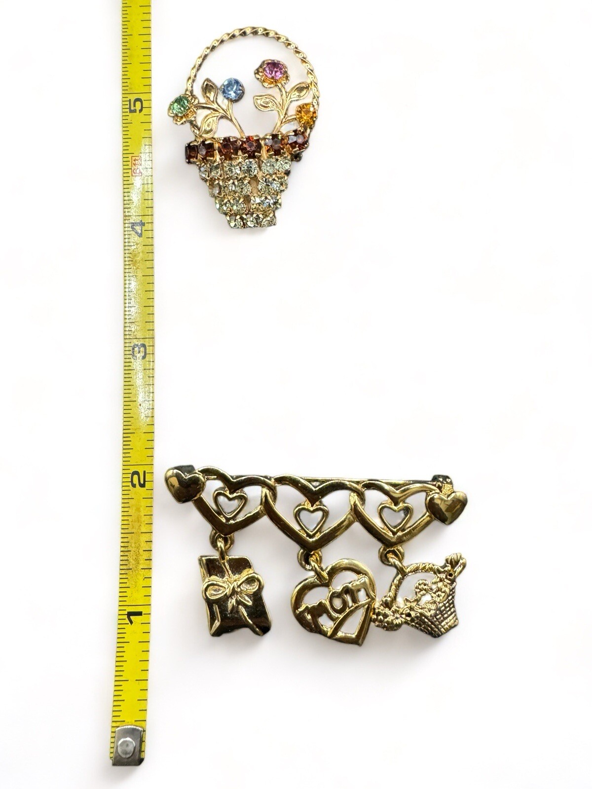 Vintage Mother’s Gold-Tone And Rhinestone Hearts And Flowers Brooches