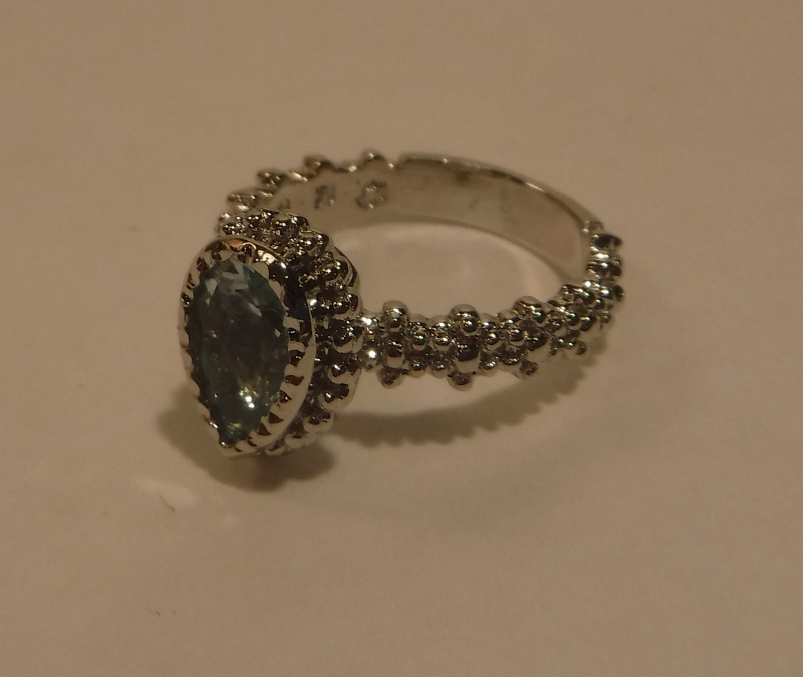 New 1.45CT Pear Cut Aquamarine (Beryl) & Platinum Over Sterling Silver 925 Ring
