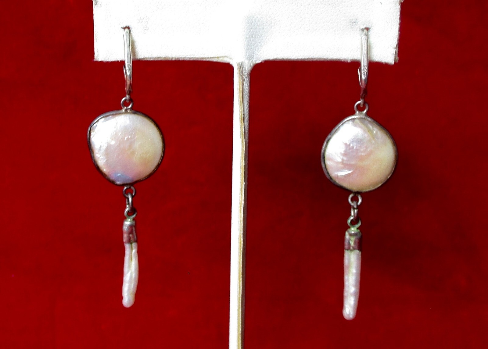 Pair of Vintage 2 1/2-Inch Coin Pearl Earrings With Drop/Boho/Shabby Chic/Hippie
