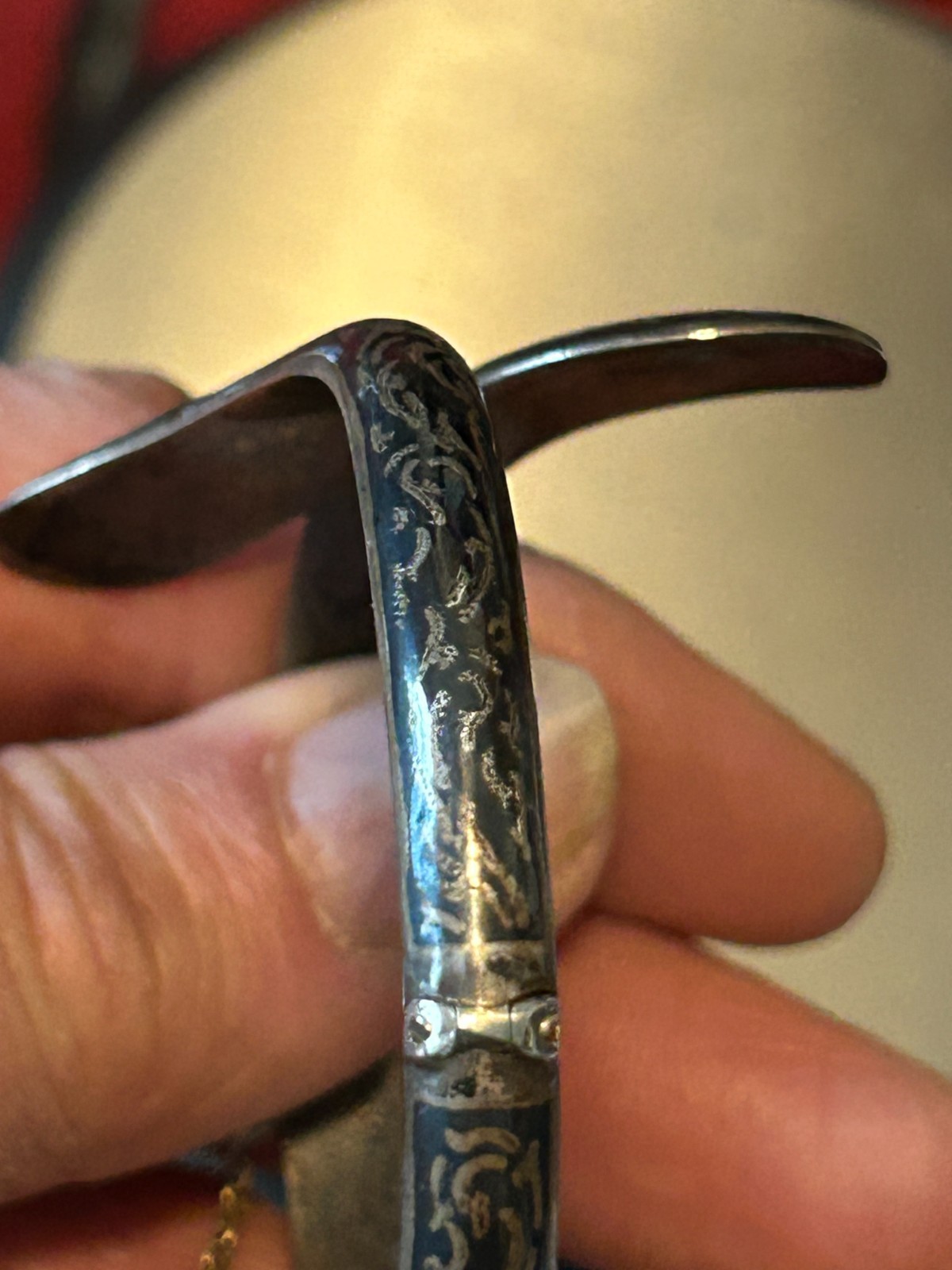 Vintage Siam Niello Godess Hindged Bangle Bracelet Sterling Excellent!