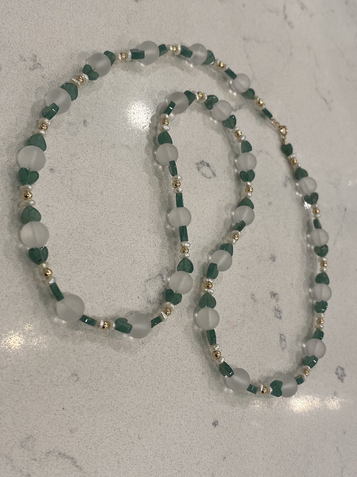 14K Gold, Emerald Hearts, Clear Round Quartz, Pearls & Gold Beads Clasp Necklace