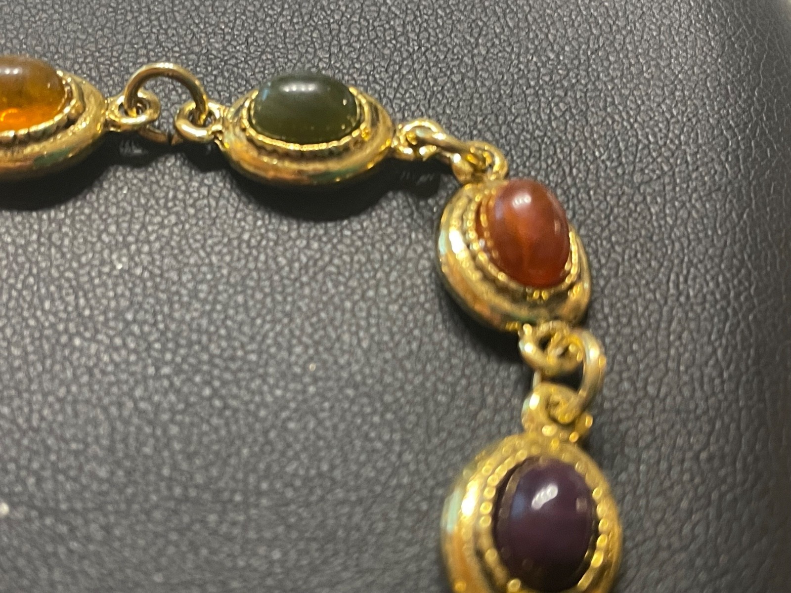 Vintage Bracelet 7.25” Naga Eye Gem Multi-Colored Gemstone amulet gold tone