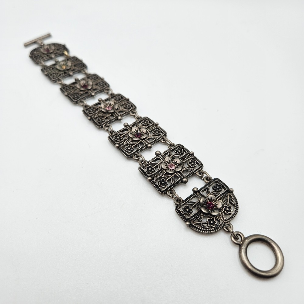 VINTAGE Art Deco Filigree Rhinestone Flower Articulated Panel Link Bracelet