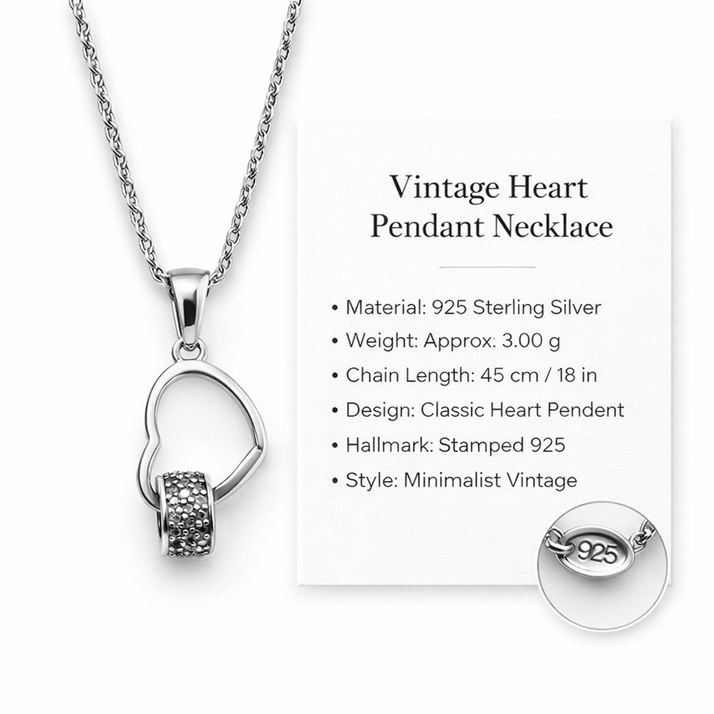 ​Vintage 925 Sterling Silver Heart Pendant with 45cm Chain – 3g Stamped – Elegan