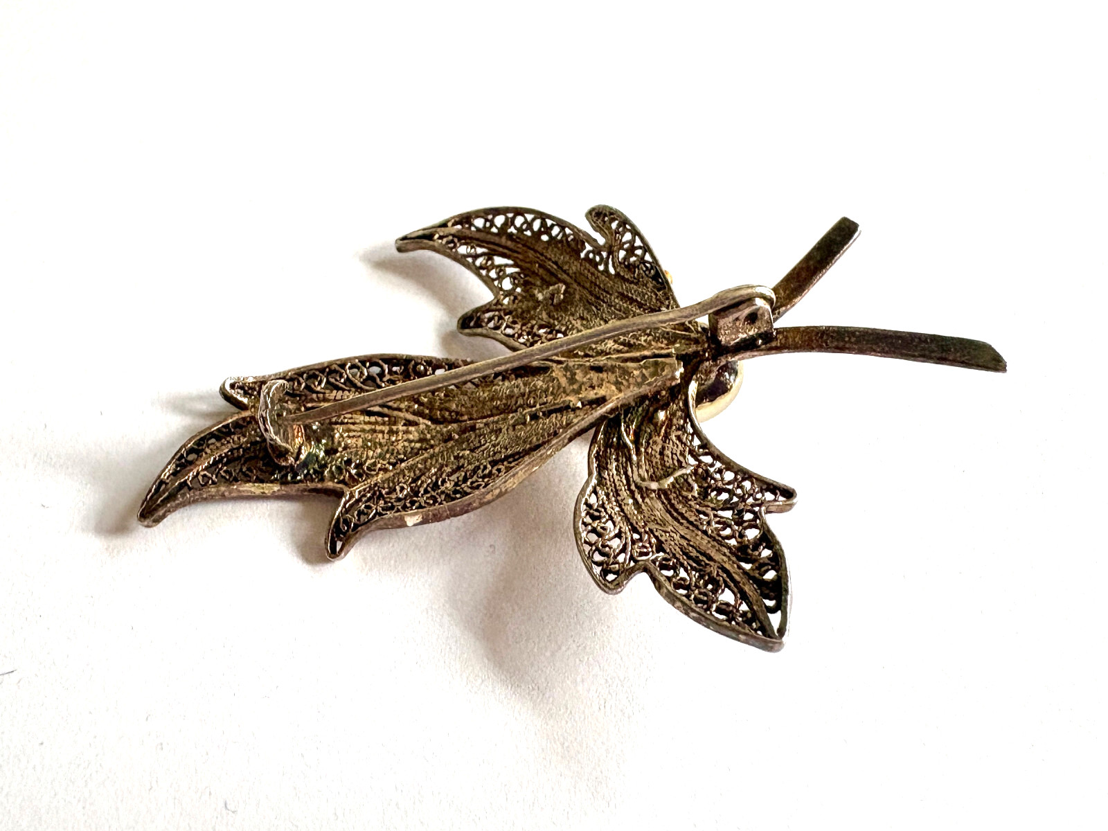 Antique Cannetille Sterling Silver Brooch Faux Pearl Leaf Filigree Pin