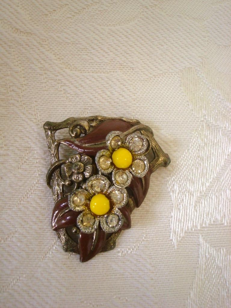 Art Deco New England Glass Works Dress Clip Rhinestone Flowers Brown Leaves KJ