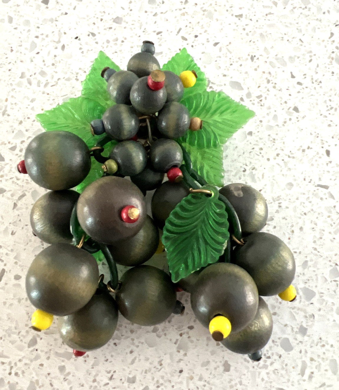VINTAGE 1940’s MIRIAM HASKELL WOOD BLUEBERRY BROOCH / GREEN CELLULOID LEAVES