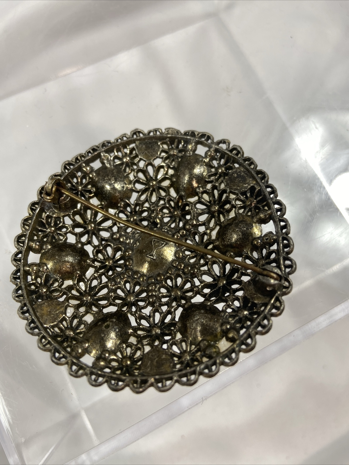 Vintage Brooch New England Glass Works Filigree Red Rhinestones