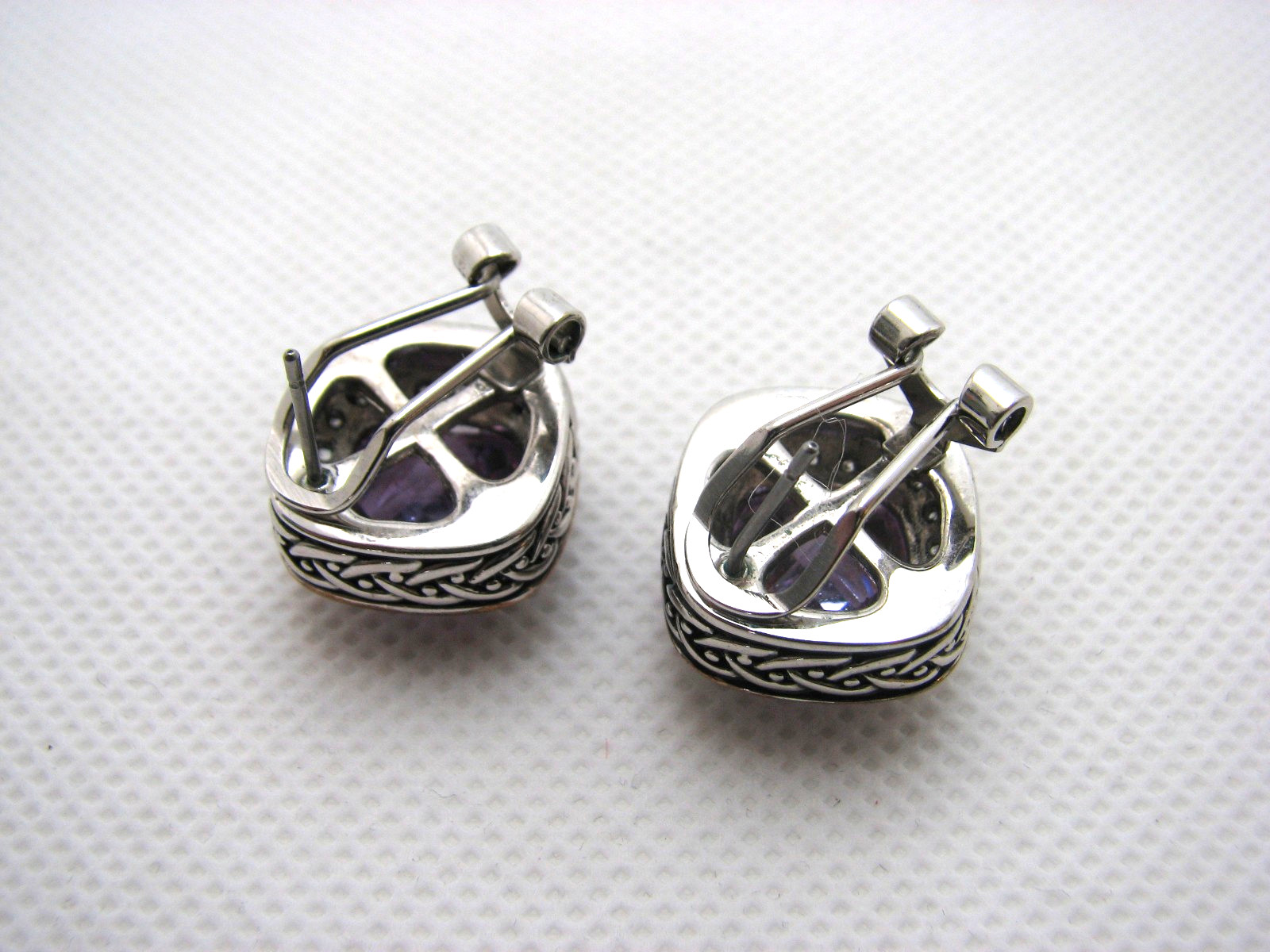 Vintage Brilliant Cushion Cut Amethyst CZ Halo Pierced Earrings Two-Tone Metal