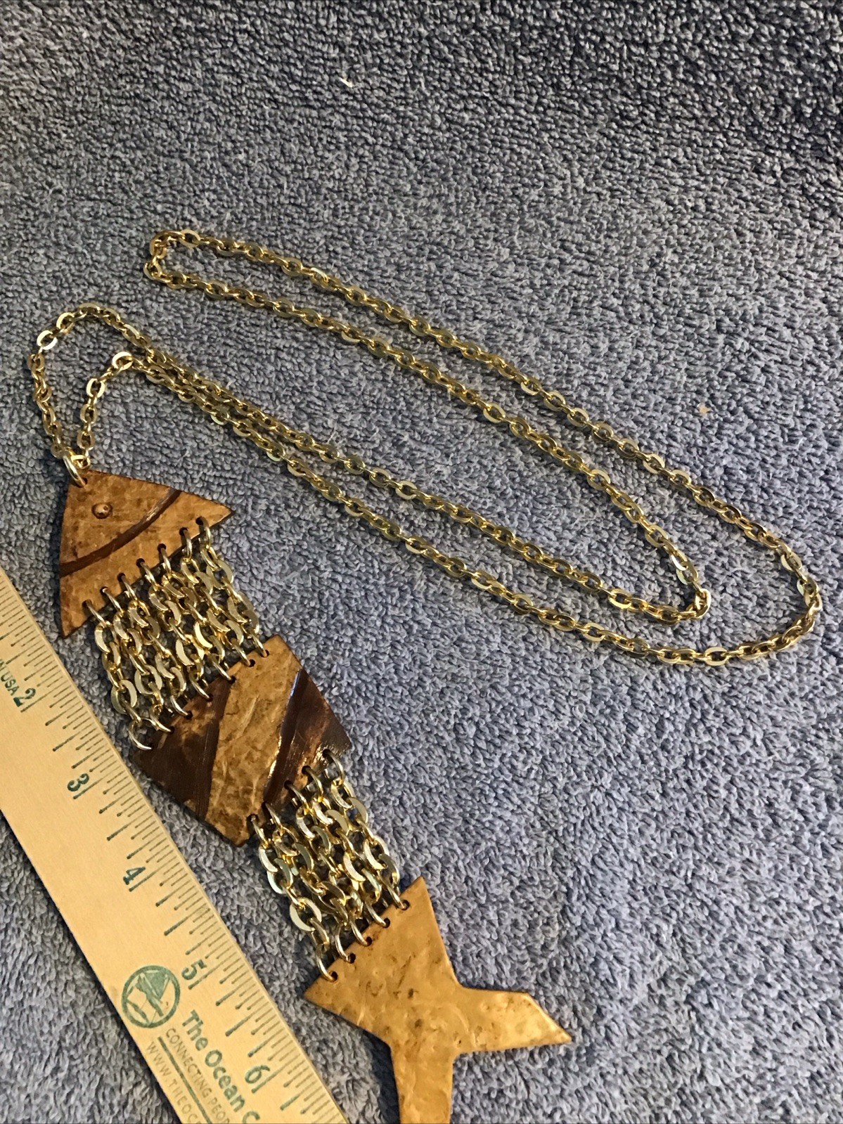 Vtg Fish Necklace HUGE Gold Tone Chain Link ARTICULATED Scales Nautical Beach