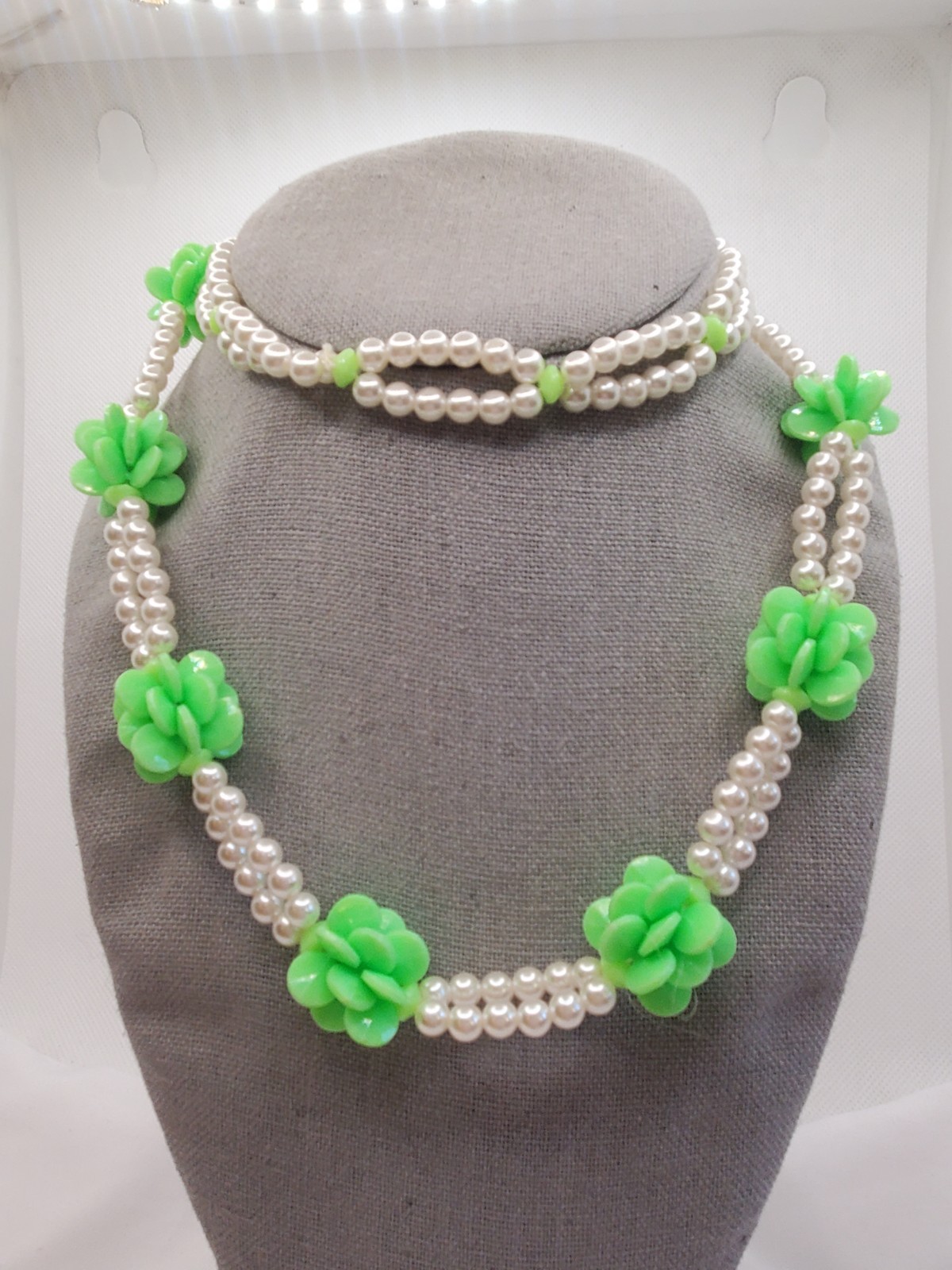 Vintage Handmade Lime Green Flower Cluster Necklace Craft