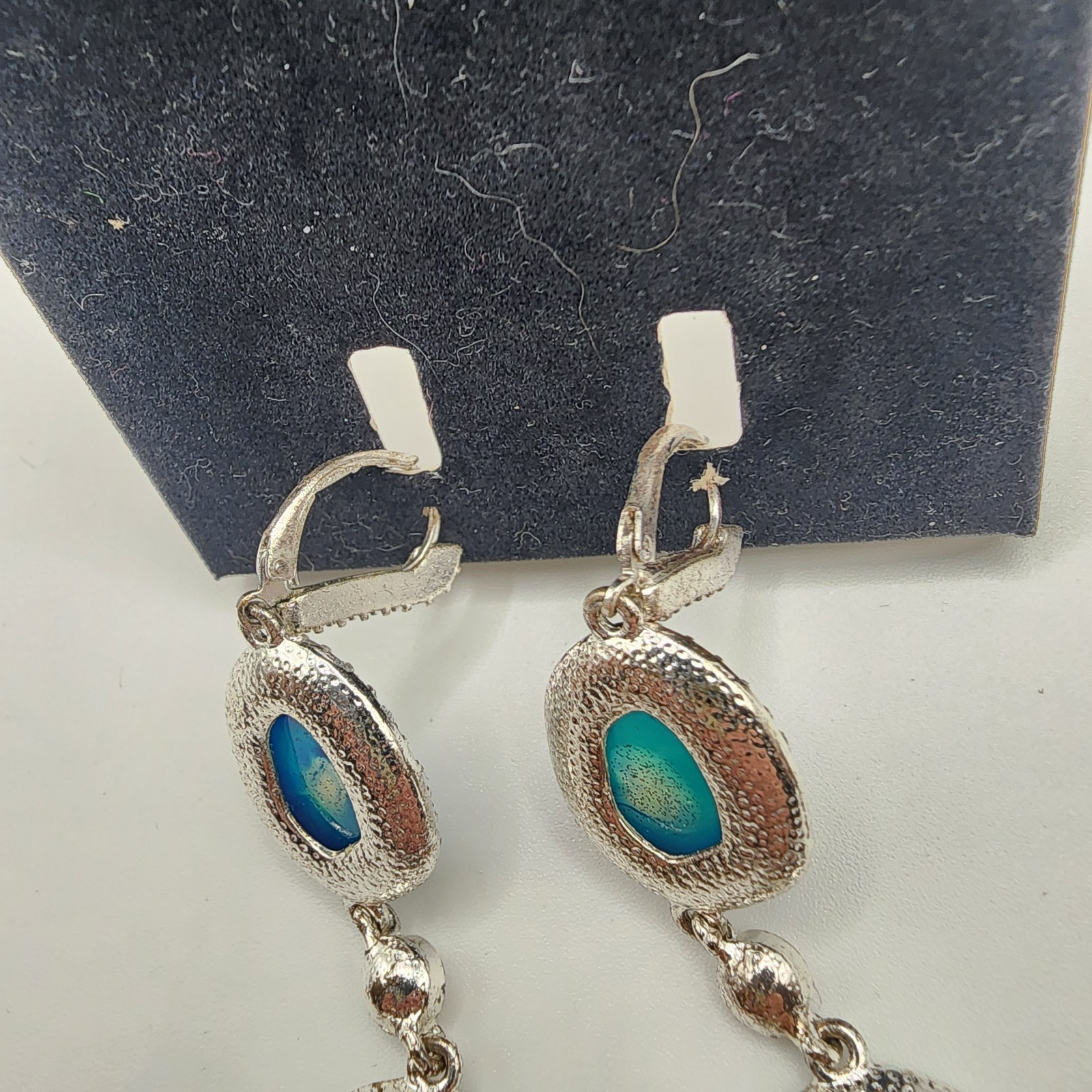Vintage Silver Tone With Gems Women’s Earrings Geode Slices Stones Dangle Blue!