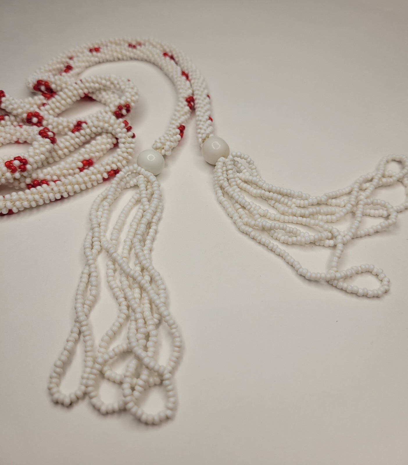Vintage Antique Heavy Red White Floral Glass Sead Beads Tassels Flapper Necklace