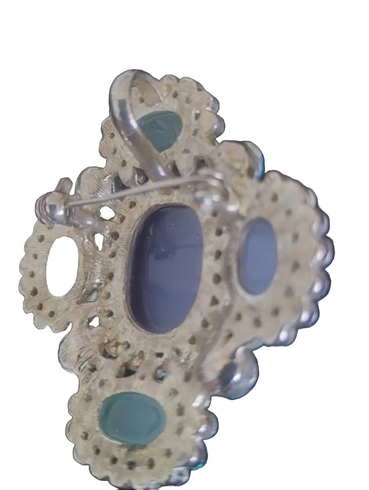 Vintage Blue And Violet Cabochon Lucite And Rhinestone Jewels Brooch Or Pendant
