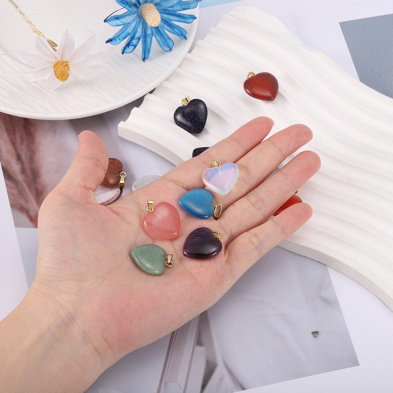 10Pcs Heart Quartz Stone Charms, Blue/Yellow/Orange/Pink/Green