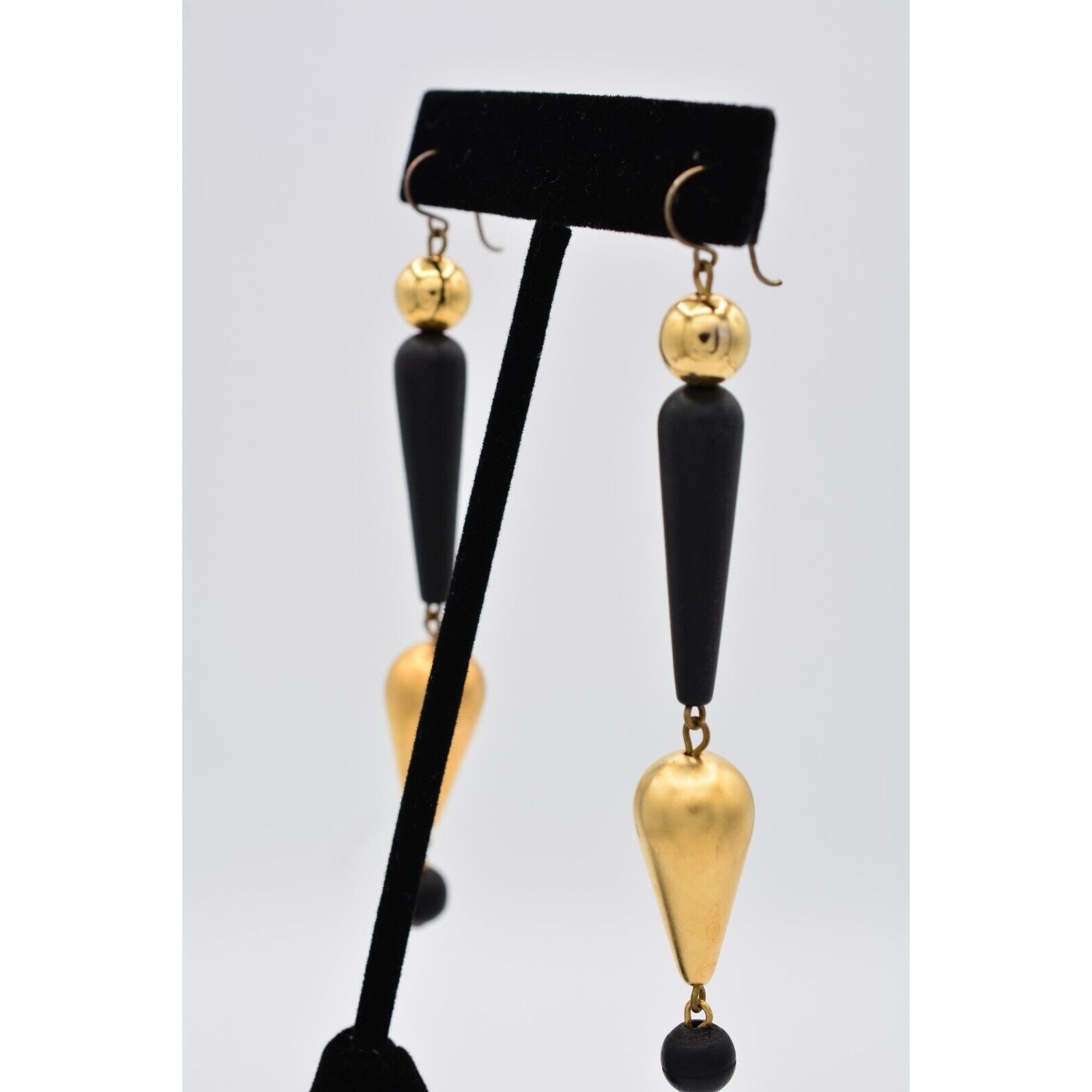 Vintage Dangle Earrings Black Beaded Brushed Gold Matte Drop Chunky 1990s BinAV