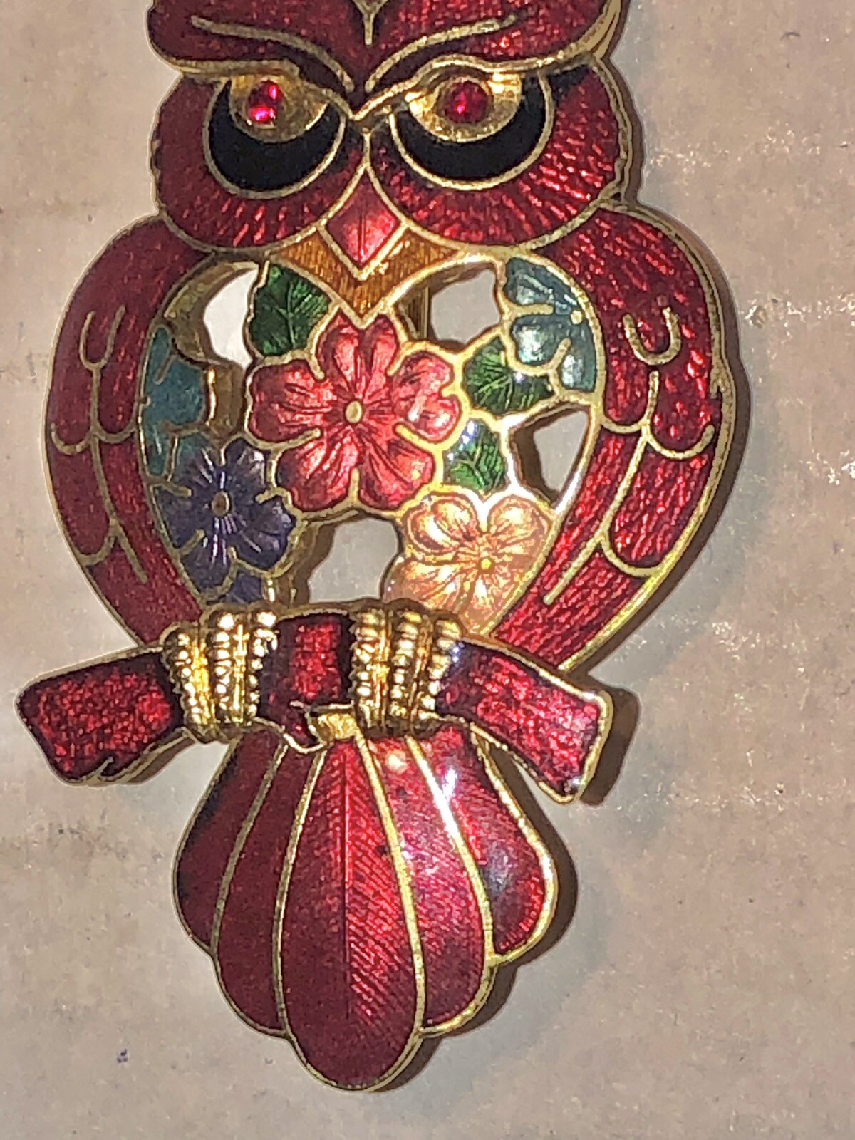 Cloisonné Owl Brooch Brilliant Multicolored 2,25” Tall, About 1” Wide Vintage