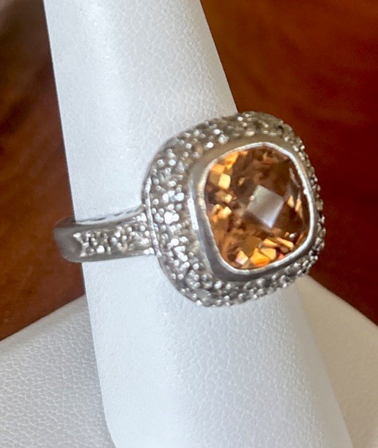 VTG Cushion Cut Citrine Halo Set W/ Rhinestones Silver Ring Size 8 Beauty