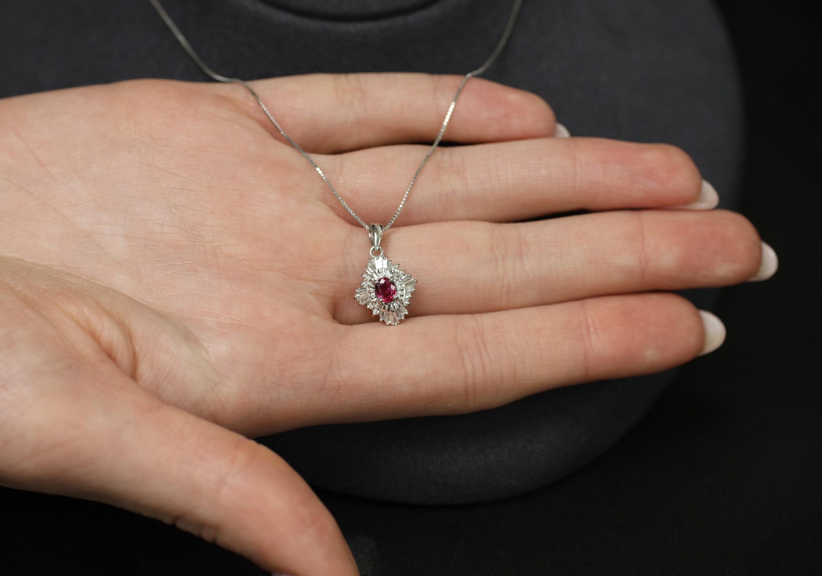 Fine 0.35ct Intense Red Ruby & 0.06ct Diamond 16 Inch Platinum Necklace, 4.29g