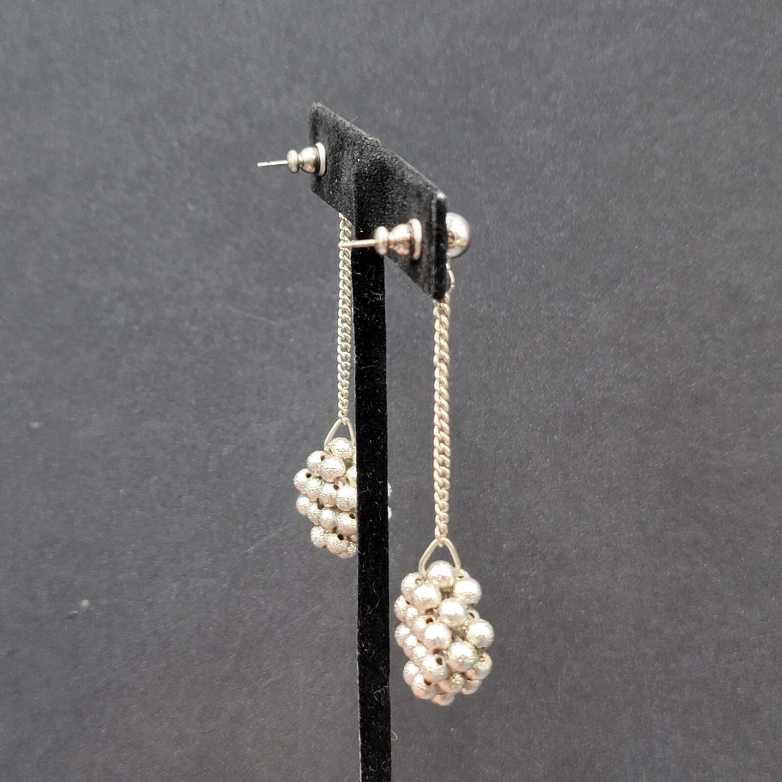 Vintage Pierced Earrings Silver tone Bead Cluster Dangle Unique 2.5″