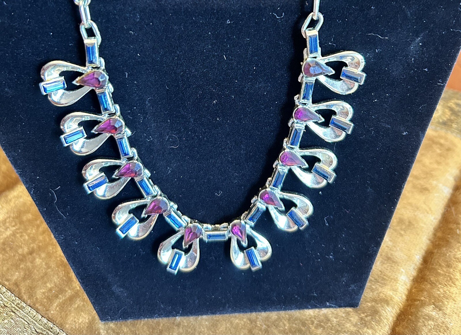 Vintage Costume Necklace Silver-tone with Blue and Purple Adjustable Hook
