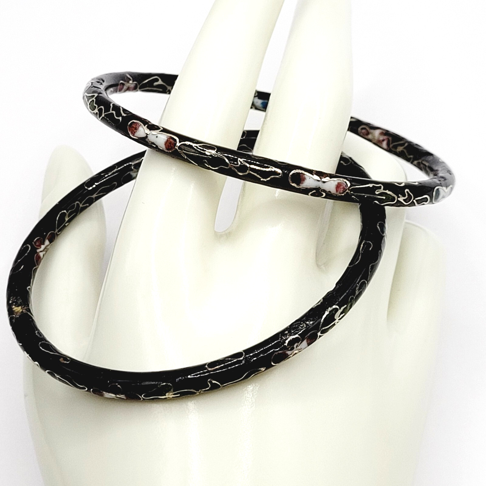 2 Cloisonné Asian Inspired Black Dark Shiny Floral Hand Painted Bangle Bracelet