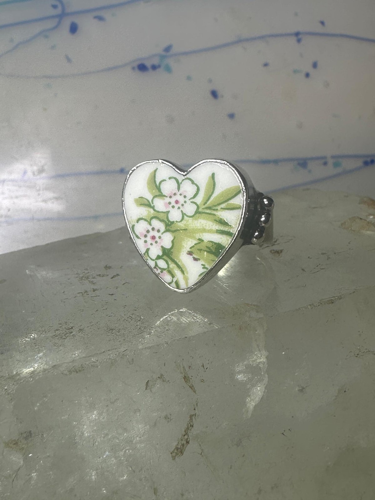 Heart ring Porcelain Ceramic floral flowers Valentine band size 8.50 sterling si