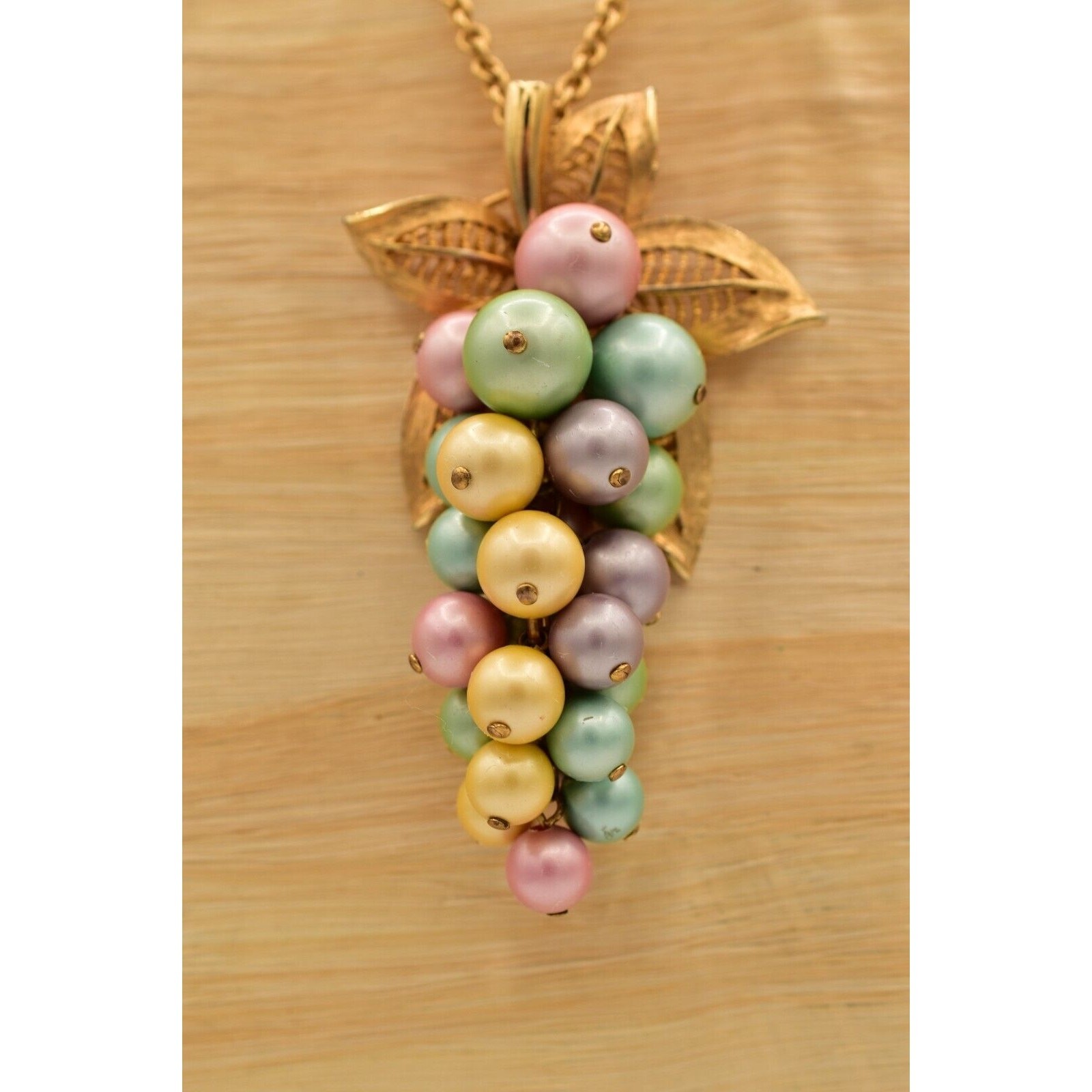 Vintage Grape Pendant Necklace Brushed Gold Multi-Color Cluster Vine Pastel BinK