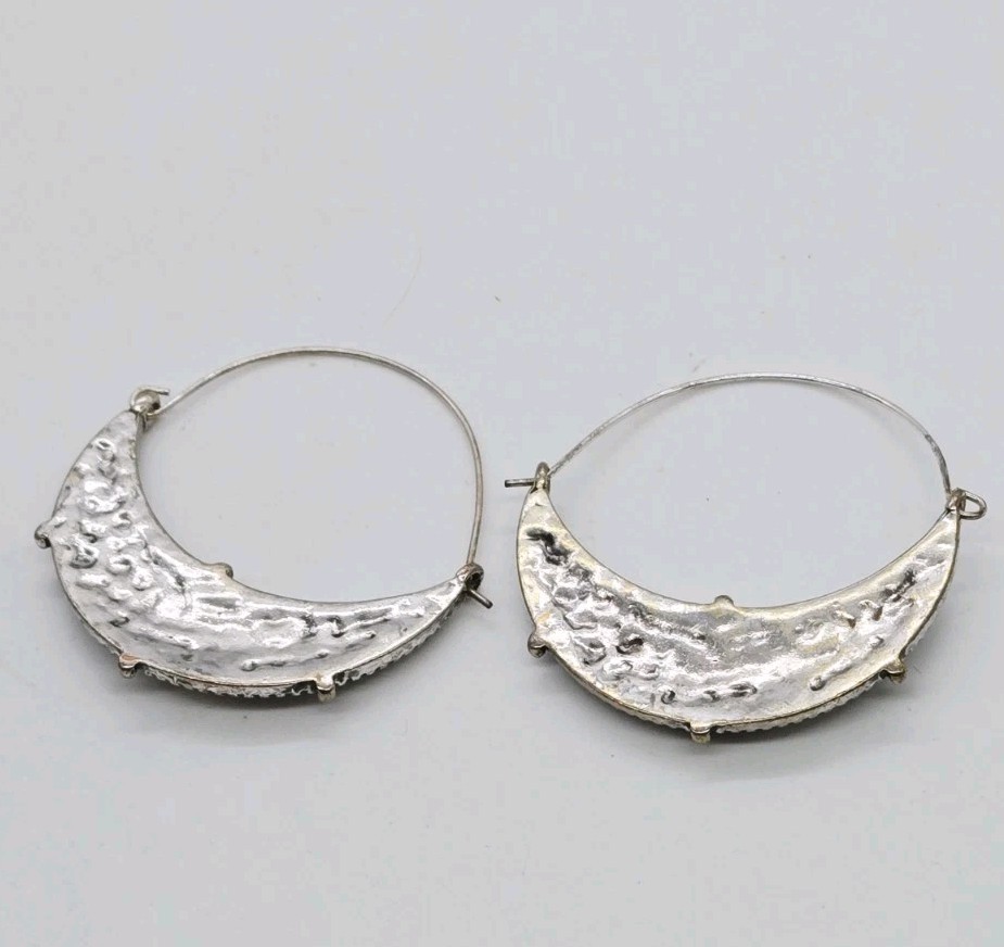 Crescent Hoop Earrings Lot 2 Pair Silver tone Pierced Bohemian Cellular 1.5 in