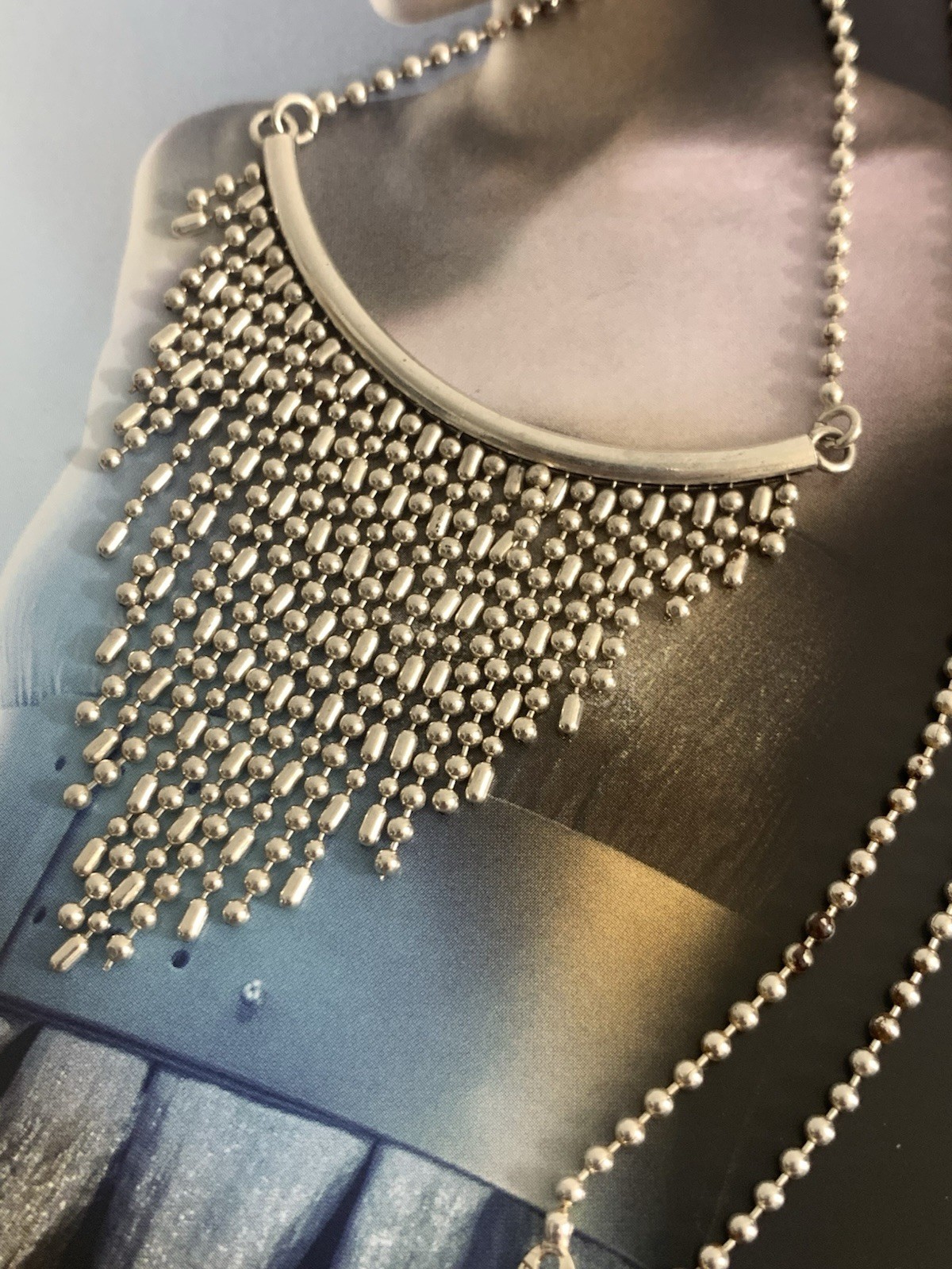 925 Sterling Silv Beaded Chain Cascading Fringe Bib Necklace Signed ATI Italy