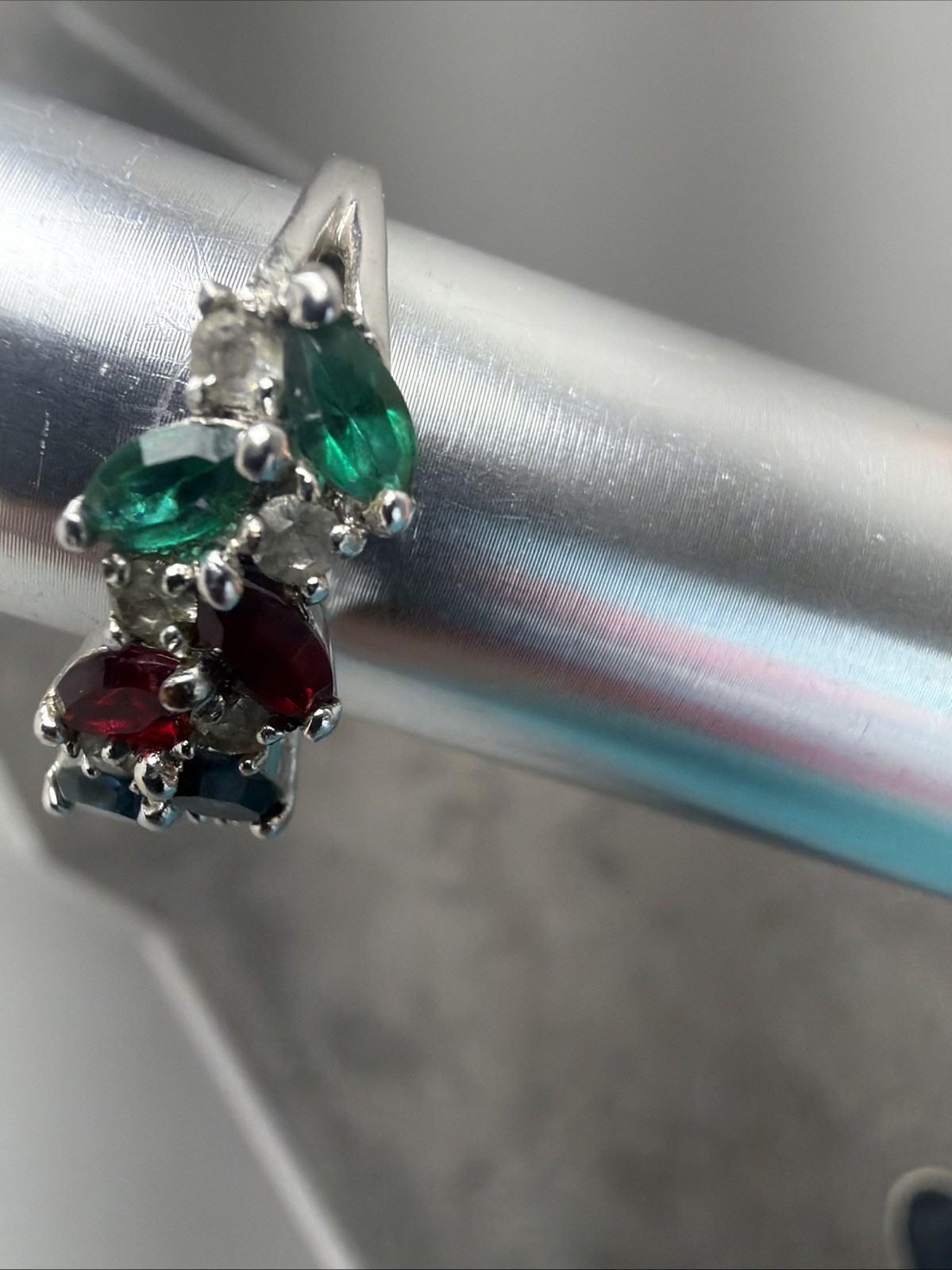 VTG Silver Ring with Marquise Cut Stones, Sapphire Ruby Emerald Color, Size 9.5