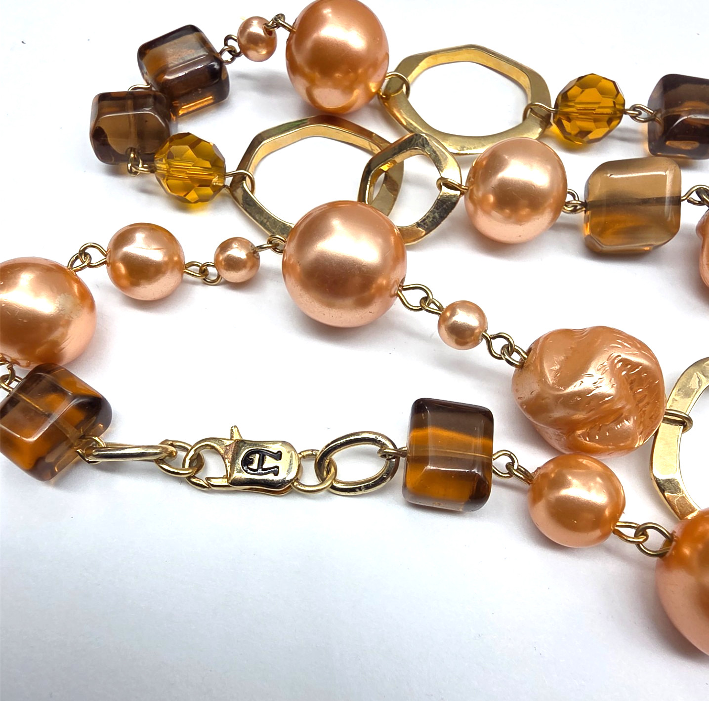 Signed Etienne Aigner Peach Faux Pearl Crystal Amber Acrylic Necklace Vintage