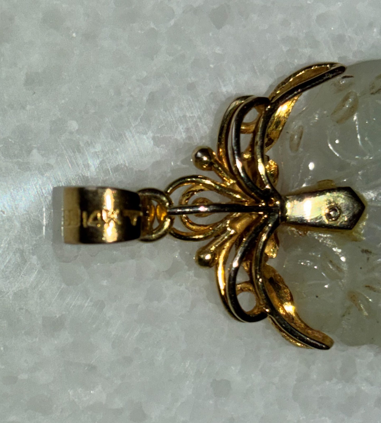 VTG Large Carved Jade Jadeite Pendant 14K 585 Gold Fancy Mount & Bail~ 2 3/4″