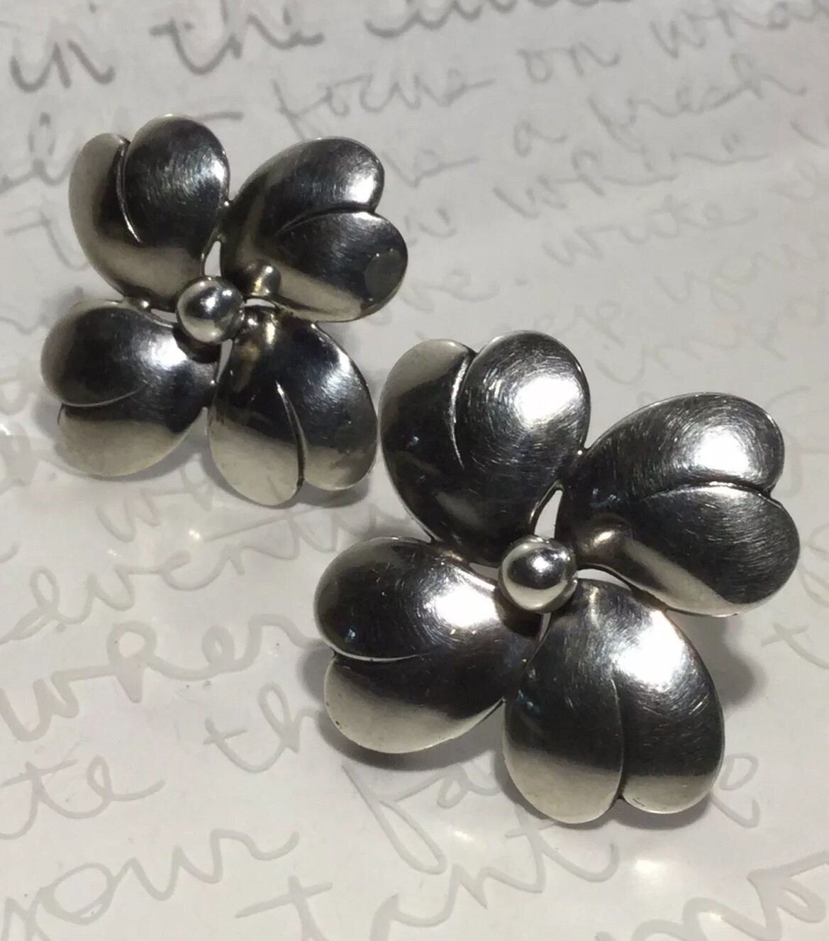 NE FROM MidCentury Denmark 925 Sterling Repoussé 4 Petal Flower 2 Brooches 8.5g