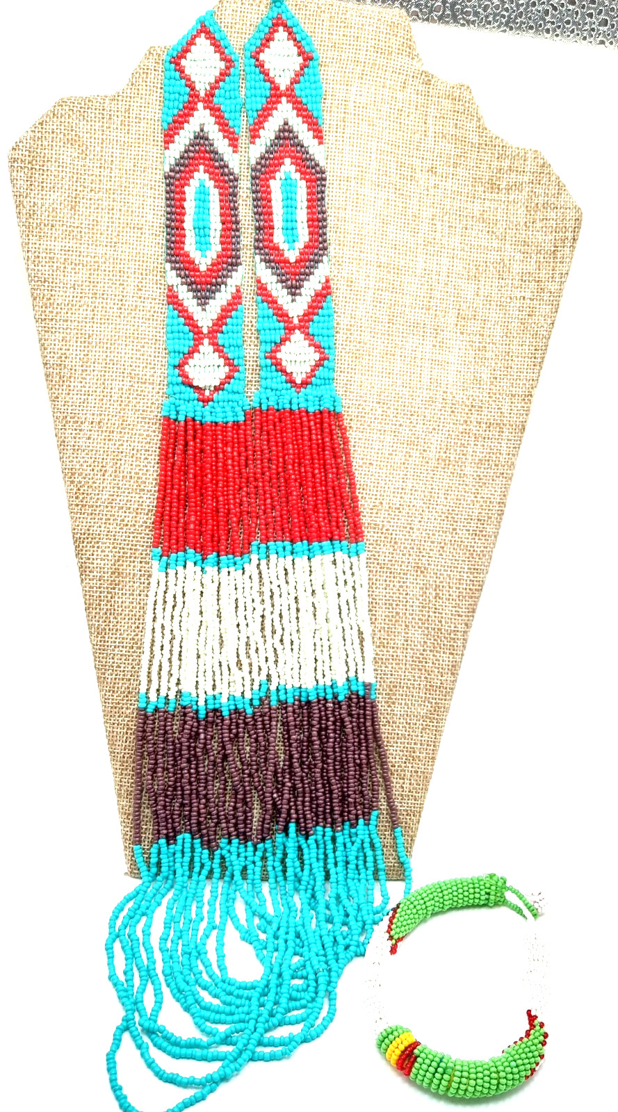Vtg Native American Seed Bead Necklace Waterfall Style Bonus Seed Bead Bracelet