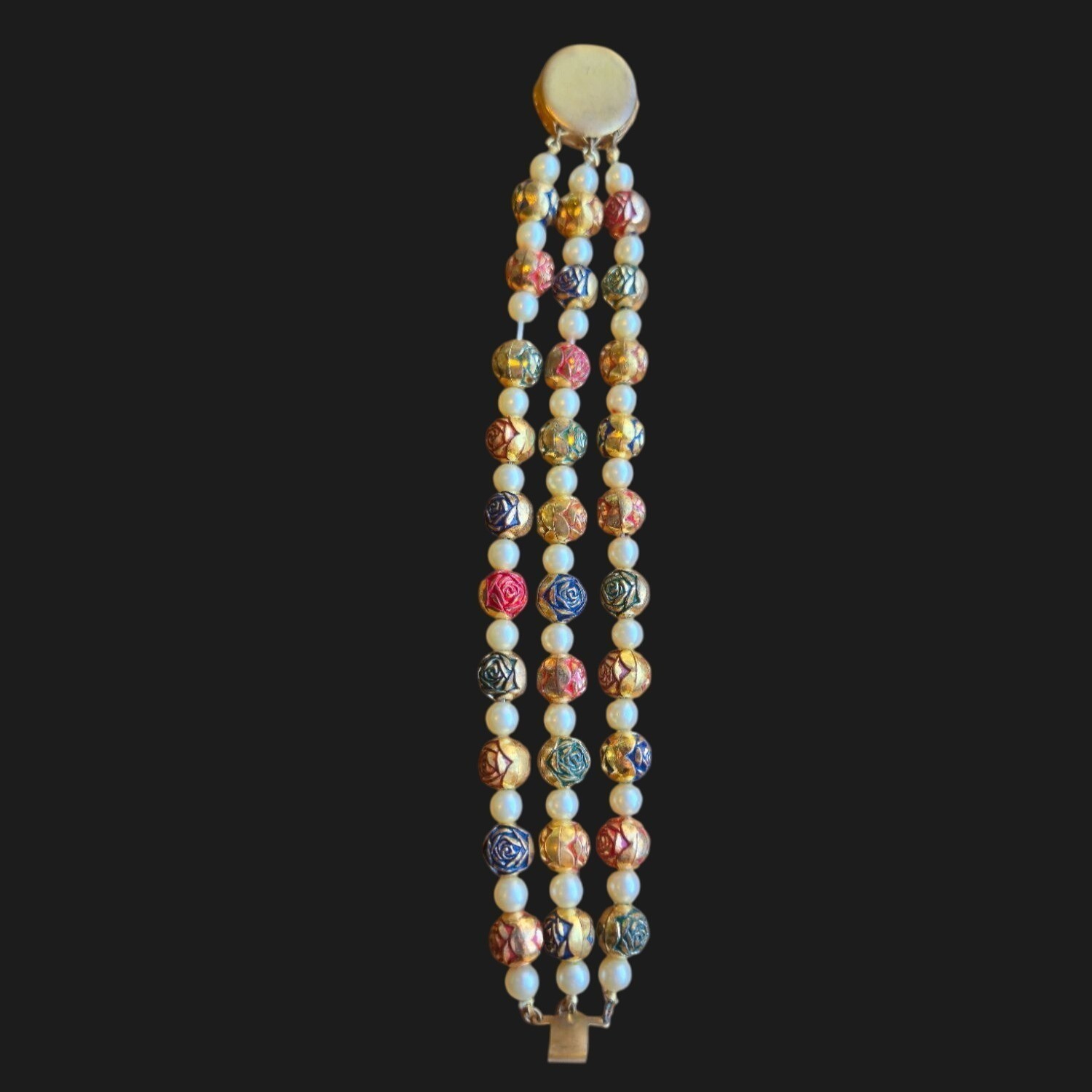 Vintage brass Beaded bracelet Gold Red & Green Metallic Accents & Faux Pearls