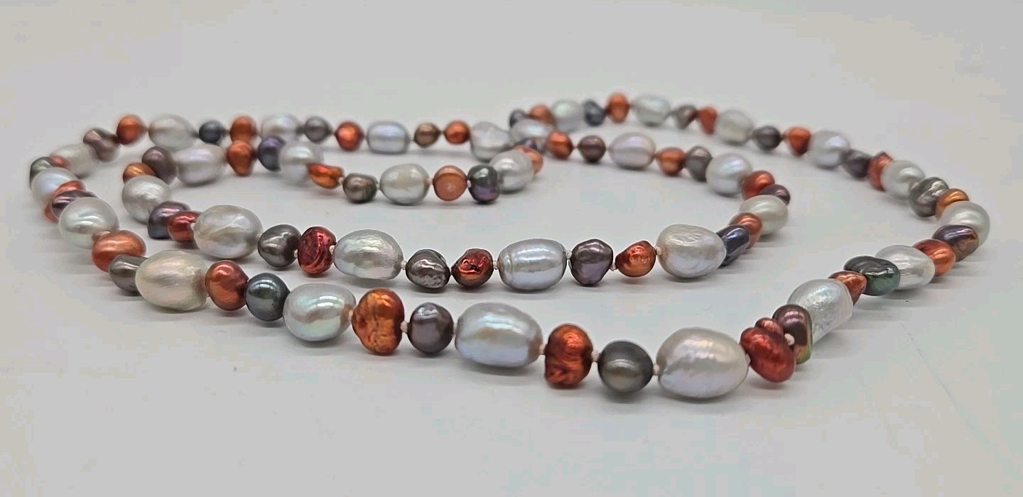Vintage Multi Color Baroque Pearl Iridescent Shiny Statement Necklace Long 28”