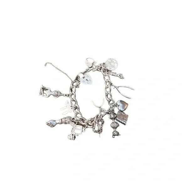 Vintage Charm Bracelet Loaded 14 Charms Sterling Silver