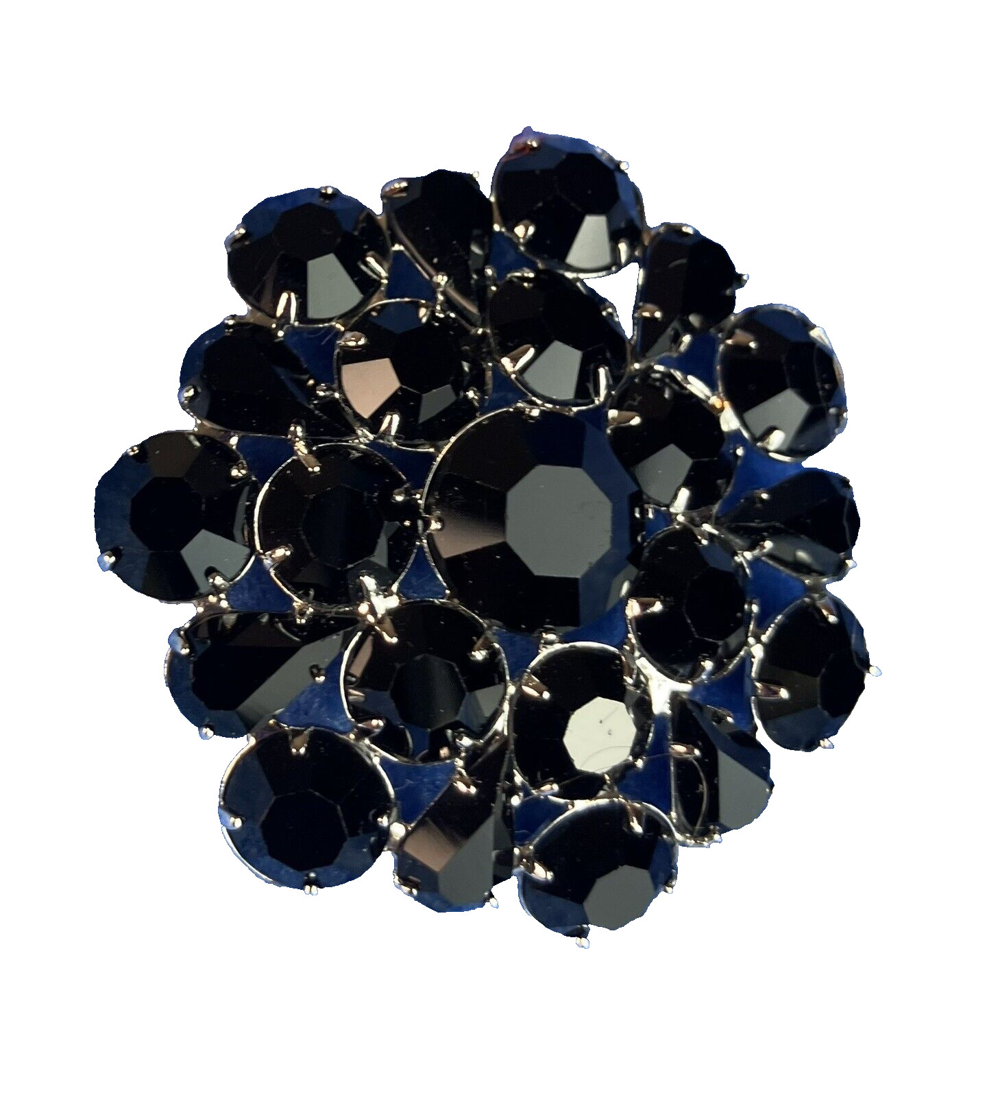 Vintage Silver Tone Open Back Brooch Pin With Black Faceted Prong Set Stones