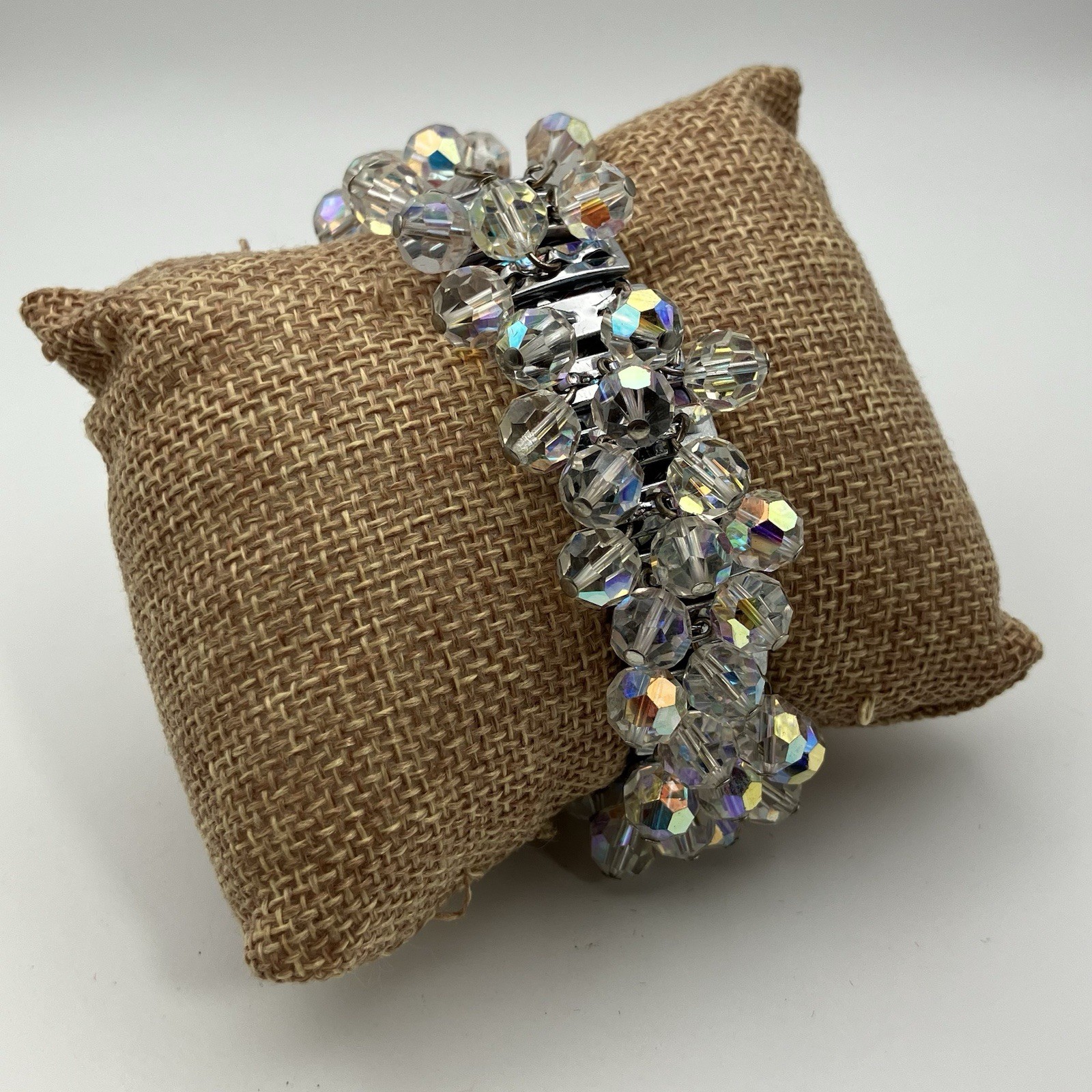 Vintage Aurora Borealis Beaded Stretch Bracelet / Expanding Band / Silver Tone