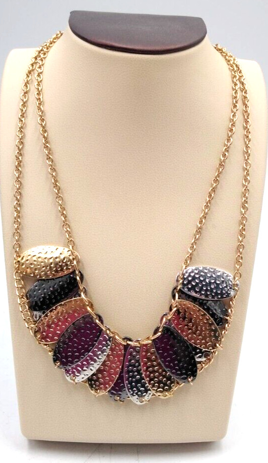 VTG 1980’s Gold, Silver, Copper Tone 18″ Double Chain Pendant Bib Necklace
