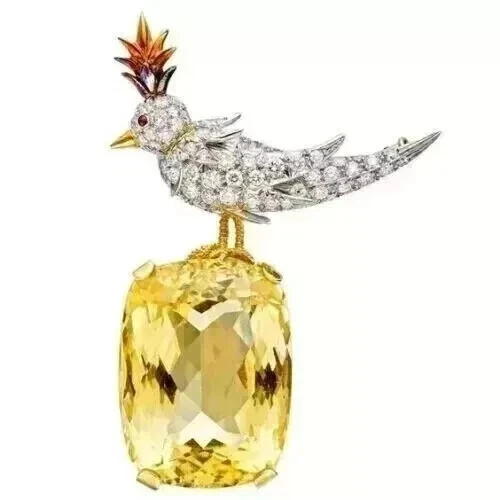 6Ct Cushion Lab Created Citrine & Diamond Bird Brooch Pin 14k Yellow Gold Plated