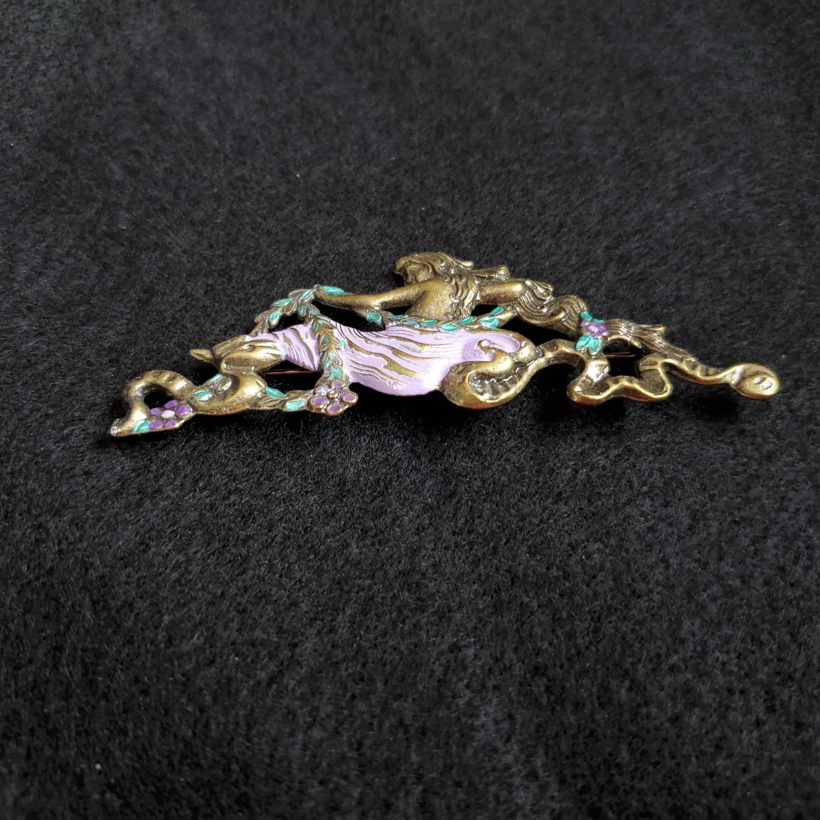 Mermaid Brooch Bronze Tone Purple Statement 3.75″