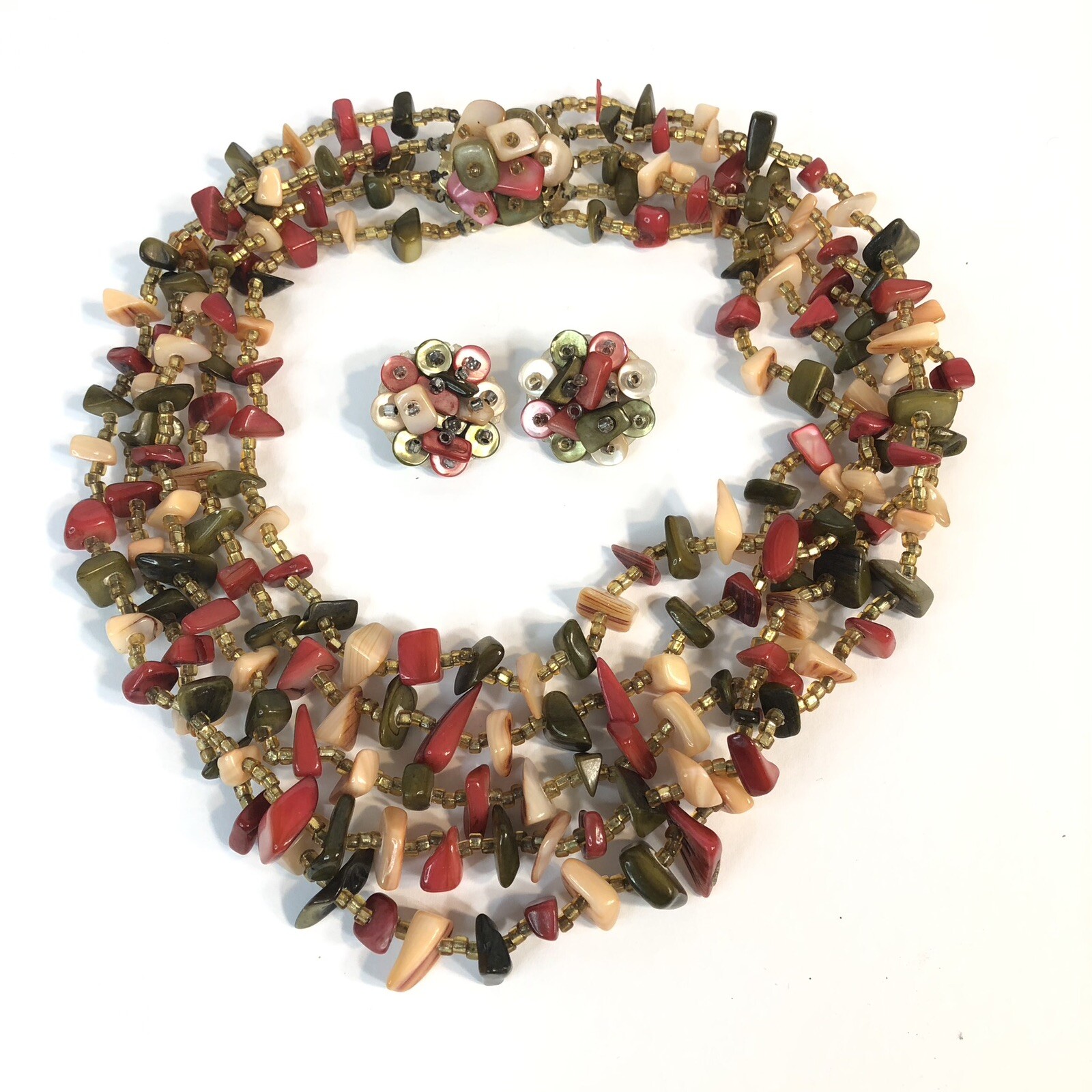 Vintage Japan 4 Strand Necklace and Earrings Dyed Abalone Shell Beads Clip Back
